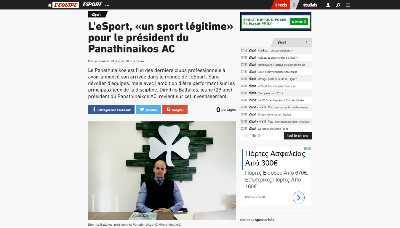 Μπαλτάκος στην L'Equipe: Ο Παναθηναϊκός θέλει μόνο να κερδίζει