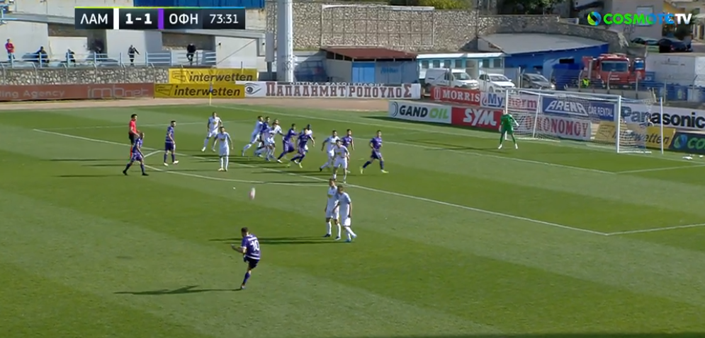 Από εκτέλεση φάουλ του Μπουζούκη το 2-1 του ΟΦΗ επί της Λαμίας (vid)