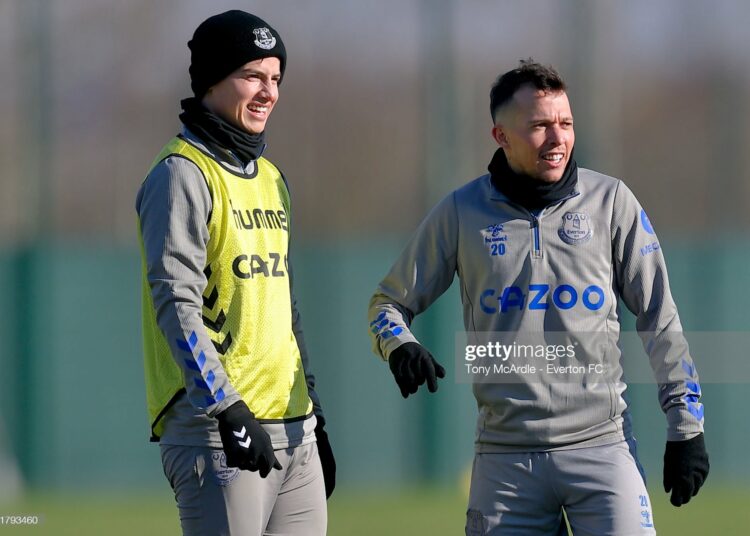HALEWOOD, ENGLAND - FEBRUARY 12: (EXCLUSIVE COVERAGE) James Rodriguez (L) and Bernard during the Everton Training Session at USM Finch Farm on February 12 2021 in Halewood, England.  (Photo by Tony McArdle/Everton FC via Getty Images)