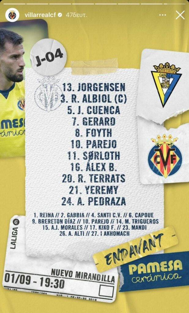 Η ενδεκάδα της Βιγιαρεάλ κόντρα στην Κάντιθ (pic)