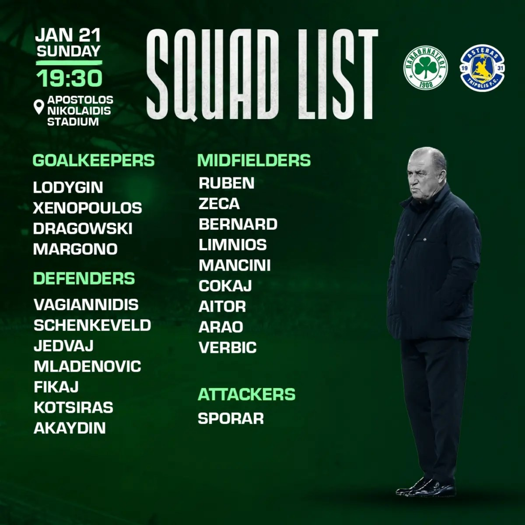 Με απουσίες και νέα πρόσωπα - Η αποστολή του Παναθηναϊκού για Αστέρα Τρίπολης