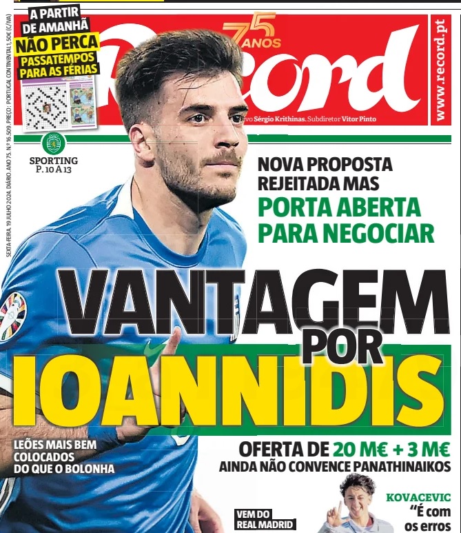 Πρωτοσέλιδο στην Record ο Ιωαννίδης: «Η νέα πρόταση που απέρριψε ο Παναθηναϊκός»