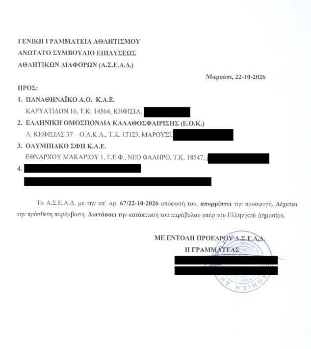 ΑΣΕΑΔ: Απορρίφθηκε η προσφυγή του Παναθηναϊκού για την Τσαρούχα – Δεκτή η παρέμβαση του Ολυμπιακού (pic)